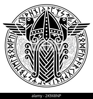 Dieu Wotan et deux corbeaux dans un cercle de runes de Norse. Illustration de la mythologie norse Illustration de Vecteur