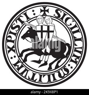 Signe des Templiers de Chevalier. Deux cavaliers Crusader à cheval avec des lances, dans un cercle du texte du slogan des chevaliers Templiers Illustration de Vecteur