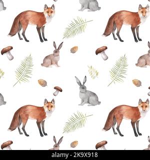 Motif aquarelle sans couture avec animaux et plantes de la forêt de dessins animés sur fond blanc Banque D'Images