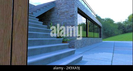 Escalier en béton au deuxième étage d'une maison moderne récemment construite. Pavés de grandes dalles de pierre. La finition de la façade est une ancienne ardoise. 3d fin Banque D'Images