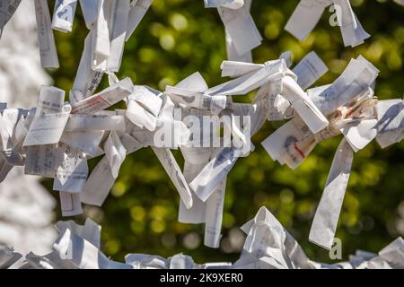 Kyoto, Japon - 28 avril 2017: Bouquet japonais de journaux avec prières des croyants bouddhistes au temple de Fushimi Inari Taisha. Fushimi Inari est le plus Banque D'Images