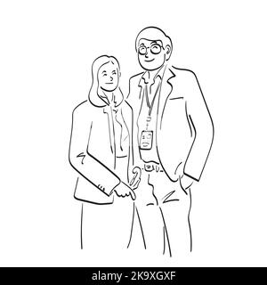 line art homme d'affaires et femme d'affaires debout ensemble illustration vecteur dessiné à la main isolé sur fond blanc Illustration de Vecteur
