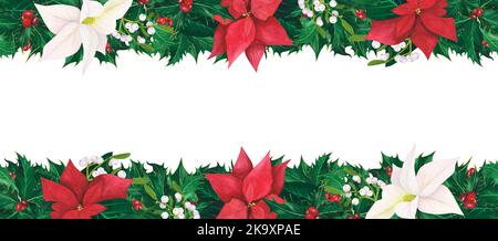 Cadre sans couture avec feuilles de houx de Noël baies, poinsettia, GUI isolé sur fond blanc. Aquarelle des bordures dessinées à la main. Illustration FO Banque D'Images