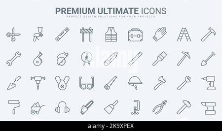 Handymans outils icônes de ligne mince définir l'illustration vectorielle. Résumé décrire le service d'entretien et de réparation, l'équipement de construction et de menuiserie, la trousse à outils et l'instrument du travailleur, le casque de sécurité et le matériel Illustration de Vecteur