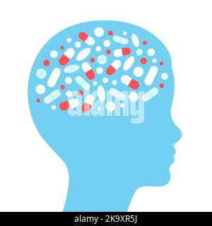 Médicament TDAH chez les enfants, profil de tête d'enfant avec des pilules. Traitement de santé mentale, problème de prescription excessive de médicaments. Illustration vectorielle. Illustration de Vecteur