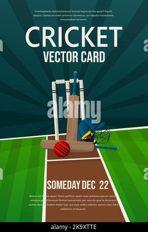 Dépliant de cricket, design d'affiche, modèle modifiable de vecteur d'invitation à des sports. Terrain de cricket avec batte, casque et balle. Illustration de Vecteur