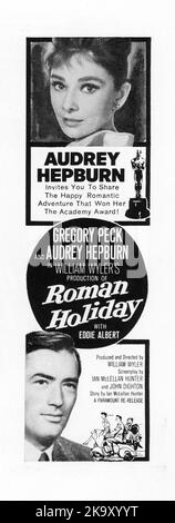 Annonce Block pour 1962 réédition de GREGORY PECK AUDREY HEPBURN et EDDIE ALBERT à ROMAN HOLIDAY 1953 réalisateur / producteur WILLIAM WYLER Story Dalton Trumbo et Ian McLellan Hunter scénario Dalton Trumbo Ian McLellan Hunter et John Dighton Paramount Pictures Banque D'Images