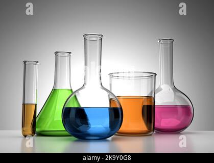 Realistic 3D Lab Equipment tube à essai, flacon, bécher avec produits chimiques colorés 3D Illustration rendu Banque D'Images