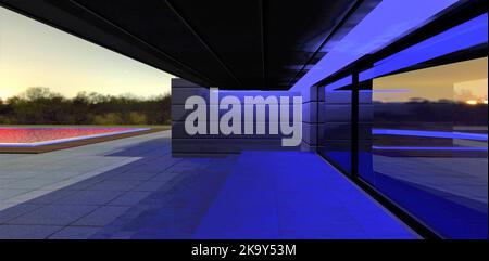 Illuminant le porche moderne d'un domaine de campagne avancé avec lumière LED bleue. Une merveilleuse nuit deux heures avant l'aube. 3d rendu. Banque D'Images