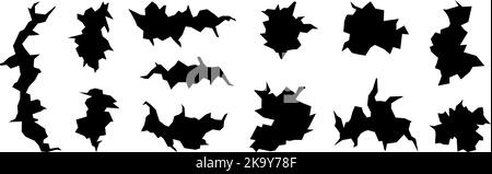 Formes abstraites noires avec bords cassés et déchirés. Surface endommagée, fissures et trous de conception de l'ensemble vectoriel. Éléments graphiques décoratifs Illustration de Vecteur