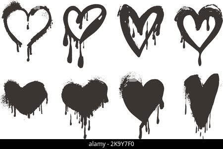 Cœurs d'encre pulvérisée. Saint-Valentin coeur éléments, encre graphique graffiti taches. Abstrait peinture amour et symboles romantiques, mariage grossier vecteur néotérique Illustration de Vecteur
