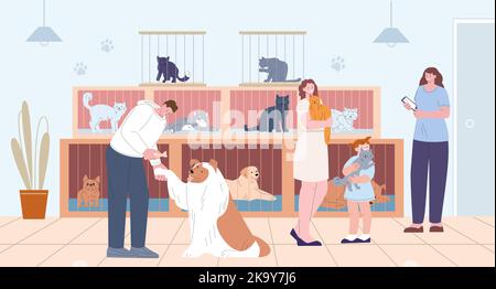 Animaux de compagnie adoption de l'abri d'animaux. Les gens tiennent le chaton et le chien. Dessins animés de chats et chiens dans les cages. Volontaire adopté chiot, kicky Care vecteur concept Illustration de Vecteur