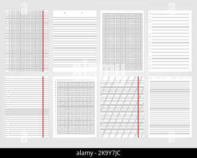 Feuilles lignées réalistes. Pages scolaires copybook, page vierge isolée avec grille. Collection de maquettes pour ordinateur portable, éléments de mémo vectoriels pithy Illustration de Vecteur