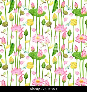 Motif aquarelle sans couture avec fleurs de lotus, boîtes de graines pour créer des textures, des fonds, des emballages, des textiles Banque D'Images