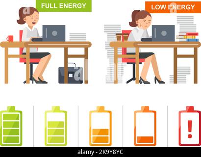 Pleine et faible énergie. Femme fatiguée responsable au travail quotidien concept de routine. Symboles de la batterie de chargement Vector Illustration de Vecteur