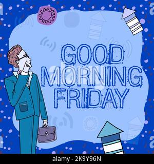 Inspiration montrant l'enseigne Vendredi matin. Mot écrit sur l'expression positive et inspirée au sujet de la semaine professeur en costume avec des lunettes Banque D'Images