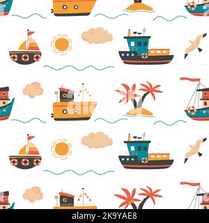 Motif sans couture pour bateau à moteur et voilier. Imprimé garçon en tissu, bateaux et palmiers. Éléments marins décoratifs, vecteur de classe aventure en mer Illustration de Vecteur