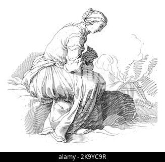 Femme assise avec ses mains repliées dans la prière. En arrière-plan une maison en feu. Banque D'Images