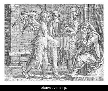 L'ange Raphaël se présente à l'aveugle assis Tobit. Entre eux sont Tobias et Anna. Banque D'Images
