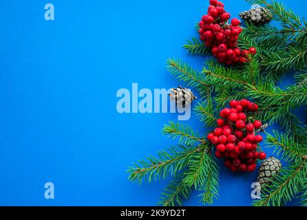 L'esprit de Noël : branches de sapin, cônes, baies de rowan rouge vif sur fond bleu foncé vif avec espace pour le texte Banque D'Images