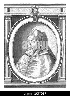 Portrait du Pape Grégoire XIV vêtu de robes papales, avec un camauro sur sa tête. Buste vers la gauche dans un cadre ovale avec le lettrage de bord. Banque D'Images