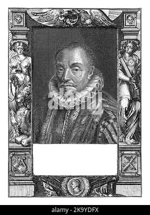 Impression à partir de deux plaques. Portrait de William I, Prince d'Orange. Au-dessous du portrait se trouve un verset de six lignes en néerlandais par G. Brandt. Cadre avec un Banque D'Images