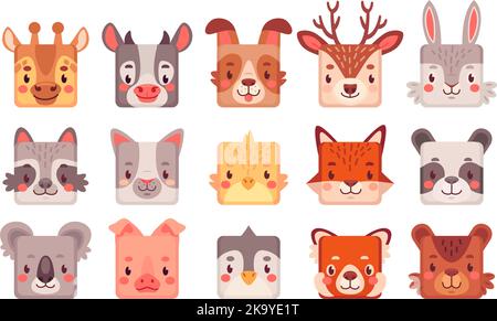 Face carrée de l'animal. Caricature animaux muzzles, mobile ui jeu avatar personnage enfant bande dessinée tête kawaii panda chien chat lapin sticker collection d'icônes vecteur ingénieux illustration du visage mignon muzzle Illustration de Vecteur