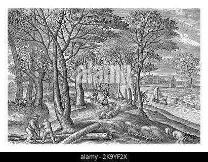 Paysage d'automne avec scènes d'automne. Novembre est le mois de la glands et de l'abattage. Au premier plan à gauche, deux agriculteurs ont vu un arbre en deux. Banque D'Images