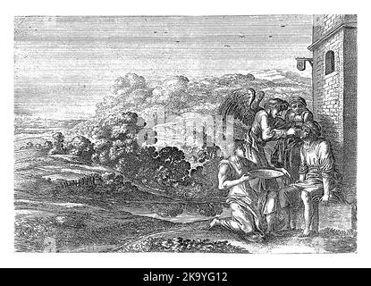 Avec la bile d'un poisson, Tobias guérit la cécité de son père. À côté de lui l'ange Raphaël et Anna, la mère de Tobias. Banque D'Images