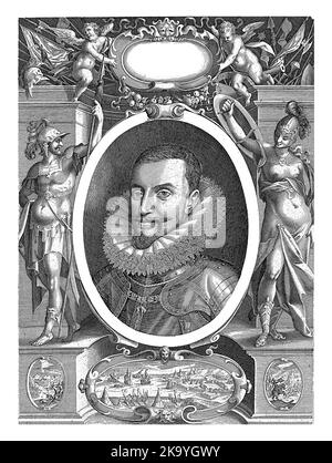 Portrait d'Ambrogio Spinola, marquis de los Balbases, dans un ovale flanqué de Mars et Pallas. Au sommet une cartouche tenue par deux anges, au fond Banque D'Images