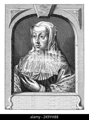 Buste portrait de Margaret d'Autriche, duchesse de Savoie, avec capot blanc. Elle tient sa main gauche à la poitrine. Le portrait est encadré en forme d'arc Banque D'Images