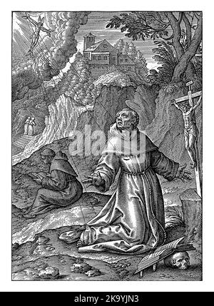 Saint François d'Assise recevant le stigmata, Hieronymus Wierix, 1563 - avant 1619 en priant avant un crucifix sur Monte Alverna, François voit un v Banque D'Images