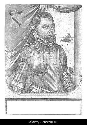 Portrait de Maximilian de Hennin, comte de Bossu, en armure. En arrière-plan un navire en mer. En haut à gauche se trouve son blason. Dans la marge, trois lignes Banque D'Images