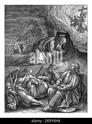 Christ dans le jardin de Gethsémané, Hieronymus Wierix, après Maerten de Vos, 1563 - avant 1586 Christ priant dans le jardin de Gethsémané. Un ange W Banque D'Images