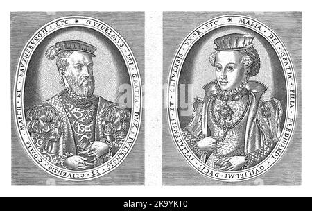 Deux portraits d'une plaque imprimés. À gauche, le portrait en demi-longueur à droite de Guillaume II, duc des Guelders dans un ovale avec son nom et son titre Banque D'Images