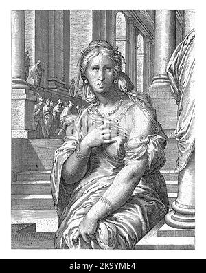 La femme prise dans l'adultère, devant un temple. En arrière-plan, les Pharisiens qui apportent une femme adultère au Christ dans le temple. Banque D'Images