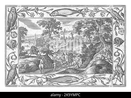 Paysage forestier avec chasse au cerf. Au premier plan, un cerf est chassé par les chasseurs. L'imprimé a un cadre ornemental avec des fleurs, du poisson et des ani Banque D'Images