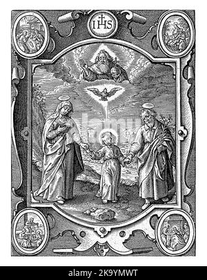 Trinité terrestre et céleste, Hieronymus Wierix, 1563 - avant 1619 Paysage avec l'enfant Christ, au milieu de Marie et de Joseph. Au-dessus de l'enfant, Banque D'Images