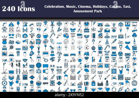 240 icônes de la fête, de la musique, du cinéma, des vacances, du casino, Taxi, parc d'attractions. Contour gras modifiable avec Color Fill Design. Illustration vectorielle. Illustration de Vecteur