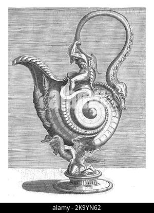 Carafe en forme de coquille d'escargot, portée par un satyr qui s'agenouille entre deux oiseaux, Balthazar van den Bos, d'après Cornelis Floris (II), 1548 le Banque D'Images