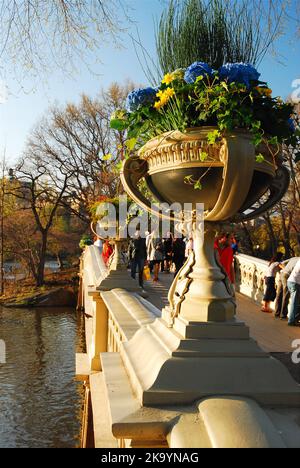 Au début du printemps, des fleurs fleurissent le long de l'entrée du pont Bow dans le parc central de New York Banque D'Images