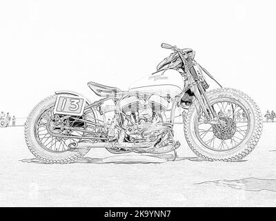 Ouistreham, France 21 septembre 2019. Old Motors Harley Davidson dans les plages de Normandie, croquis au crayon Banque D'Images