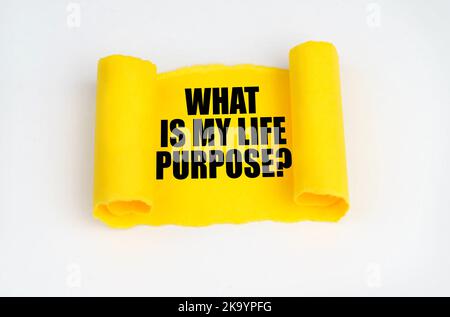 Sur une surface blanche, un rouleau de papier jaune avec l'inscription - QUEL EST MON BUT DE VIE. Concept d'entreprise. Banque D'Images