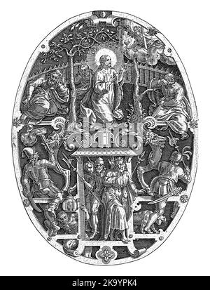 Le Christ priant et les Apôtres endormis dans le jardin de Gethsemane. Un ange vient le réconforter. Ovale debout avec ornement. Dans le passé Banque D'Images