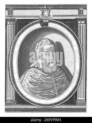 Portrait du Pape Léon XI vêtu de robes papales, tête avec un camaruro. Buste vers la droite dans un cadre ovale avec le lettrage de bord. Banque D'Images