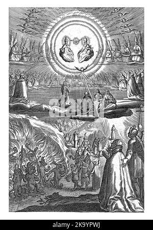 Un ange montre un homme à genoux deux options. En vivant en vertu, il peut servir Dieu. La Sainte Trinité est représentée dans le ciel avec des chorales d'ange Banque D'Images