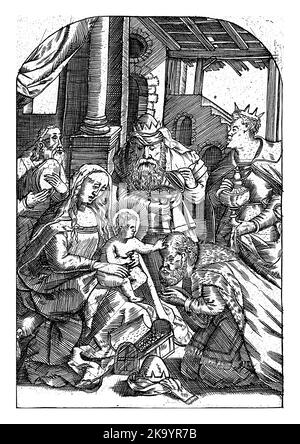 Dans les ruines d'un haut stable, Marie est assise avec l'enfant Christ sur ses genoux. Joseph est derrière elle. À droite, les trois sages avec leurs dons, le Banque D'Images