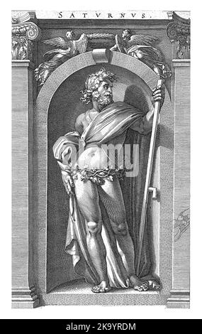 Saturne, debout dans une niche, un scythe dans sa main gauche. Sous la performance, une légende latine de trois lignes. Banque D'Images