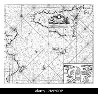 Carte des îles de la Sicile et de Malte et d'une partie de la côte tunisienne, montrant le port de la Valetta à Malte, avec deux roses à boussole, le Nord est en haut. Banque D'Images