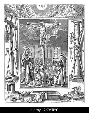 Crucifixion du Christ, Antonie Wierix (II), après Maerten de Vos, 1582 - 1586 la crucifixion du Christ sur le Mont Golgotha. Sous la croix se trouvent Mary Ma Banque D'Images